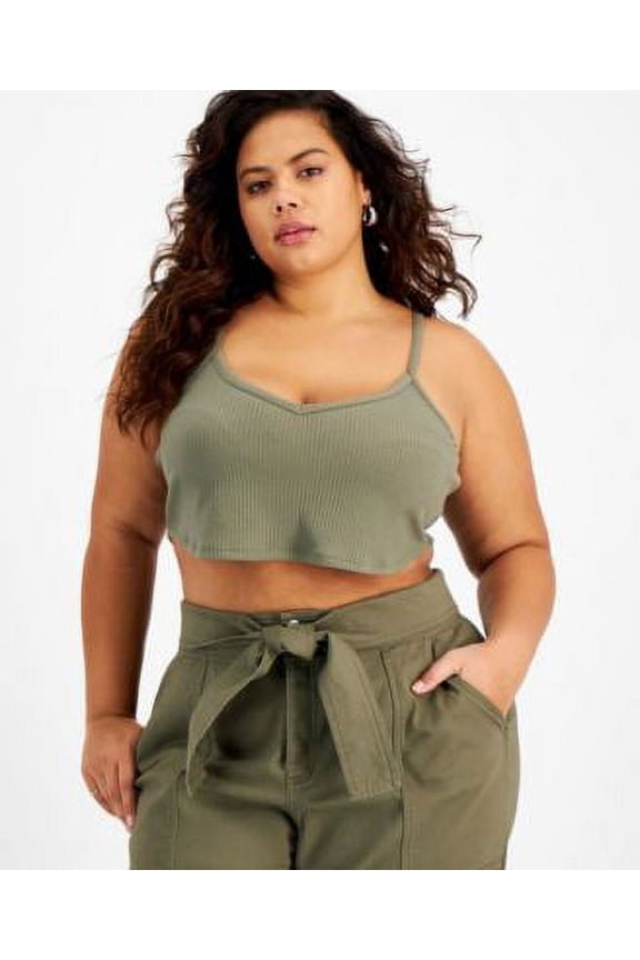 Trendy Plus Size Ribbed Knit Crop Top Dusty Oliv 3X