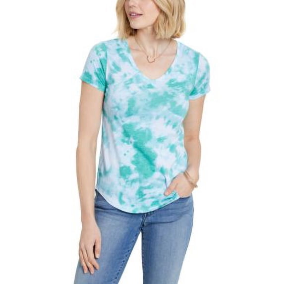 MSRP $20 Style & Co Women Cotton Tie-Dye V-Neck T-Shirt Green Size Medium