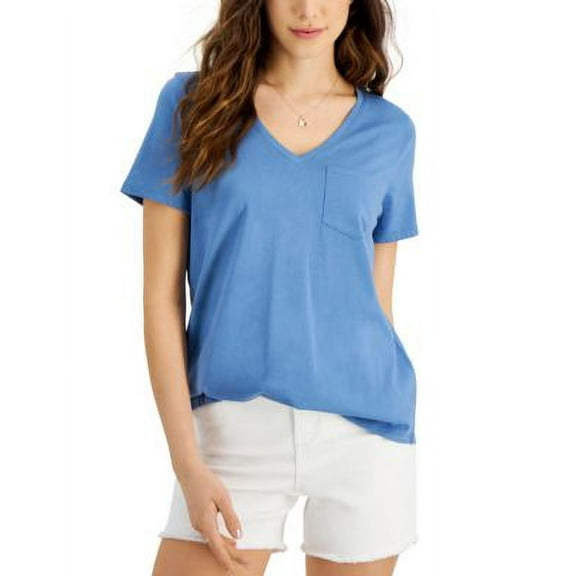 MSRP $20 Style & Co Women Cotton V-Neck T-Shirt Blue Size Small