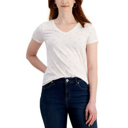 Style & Co Womens Printed V Neck T-Shirt White Spangled L