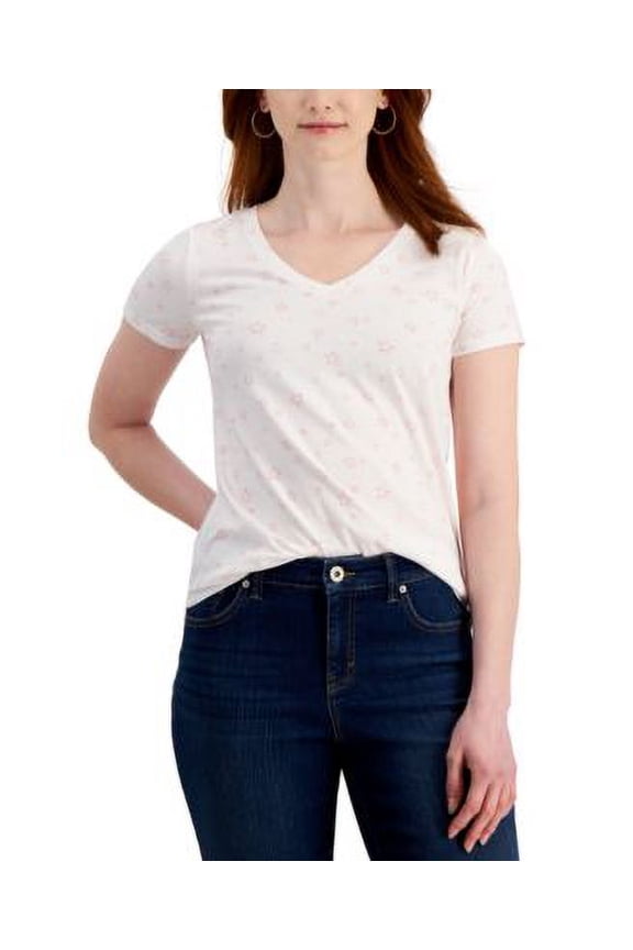 Style & Co Womens Printed V Neck T-Shirt White Spangled L