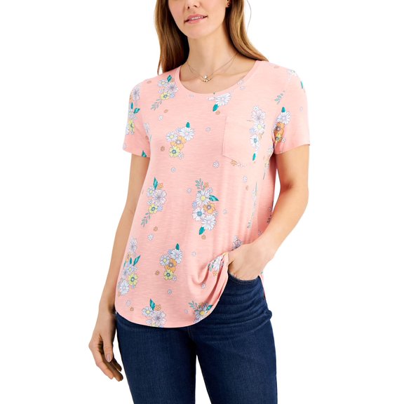 MSRP $20 Style & Co Womens Printed Drapey Pocket T-Shirt Pink Size XL
