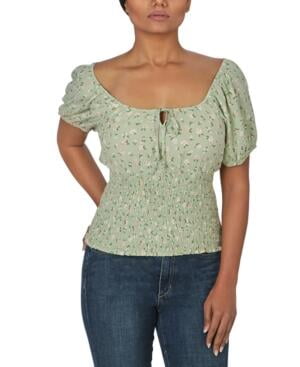 MSRP $24 Just Polly Juniors' Printed Smocked Blouse Green Size XL