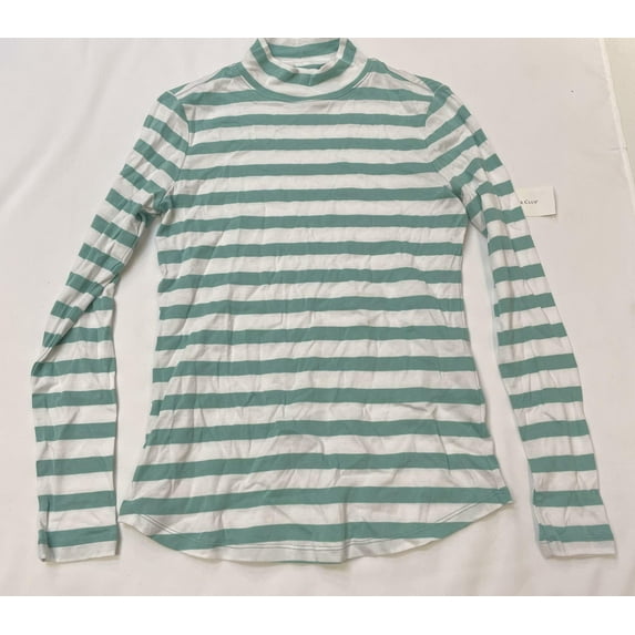 Charter Club Cotton Blithe Striped Mock Neck Top Porceln Green Combo XS