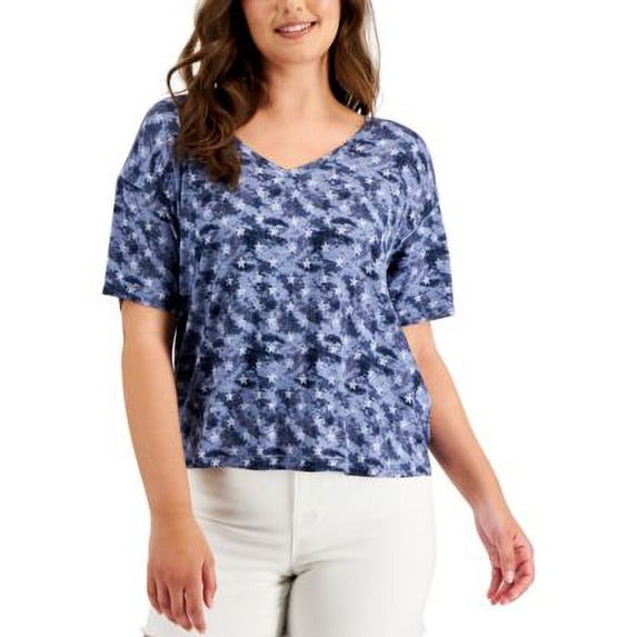 MSRP $25 Style & Co Womens Printed Drop-Shoulder T-Shirt Navy Size Large