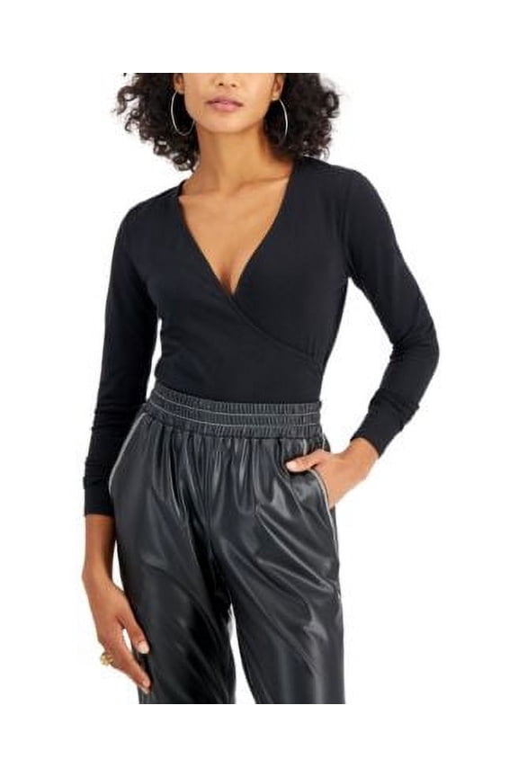 Juniors' Surplice-Neck Bodysuit, Black, Size Medium