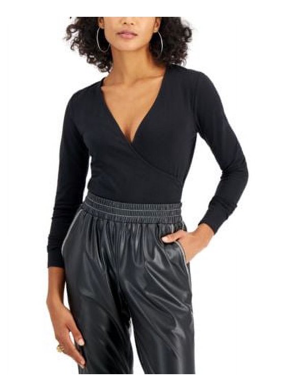 Juniors' Surplice-Neck Bodysuit, Black, Size Medium