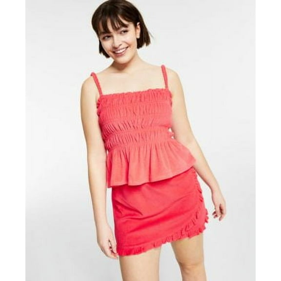 Bar III Womens Terry Ruffled Smocked Top Watermelon Punch S