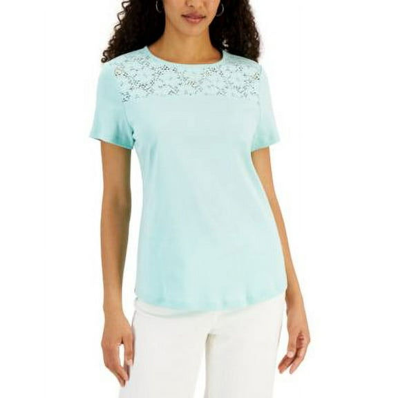 Karen Scott Short Sleeve Crocheted Yoke Top Aqua Ice S