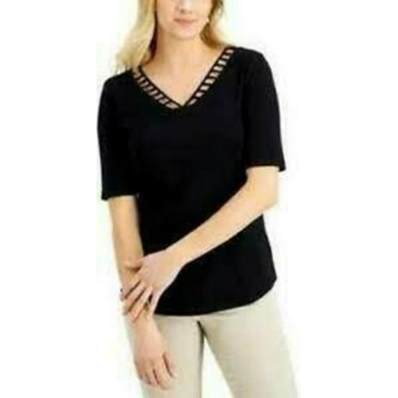 MSRP $30 Karen Scott Women Cutout V-Neck T-Shirt Black Size XS