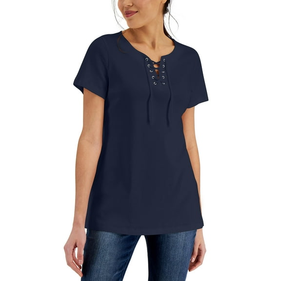 Karen Scott Womens Cotton Lace Up Tunic Intrepid Blue S
