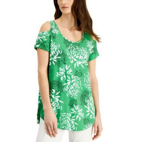 JM Collection Printed Cold Shoulder Top Green Emerald Combo S