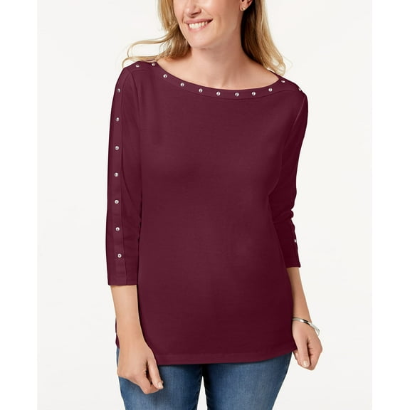 MSRP $37 Karen Scott Womens Cotton Studded Boat-Neck Top Dark Red Size Small