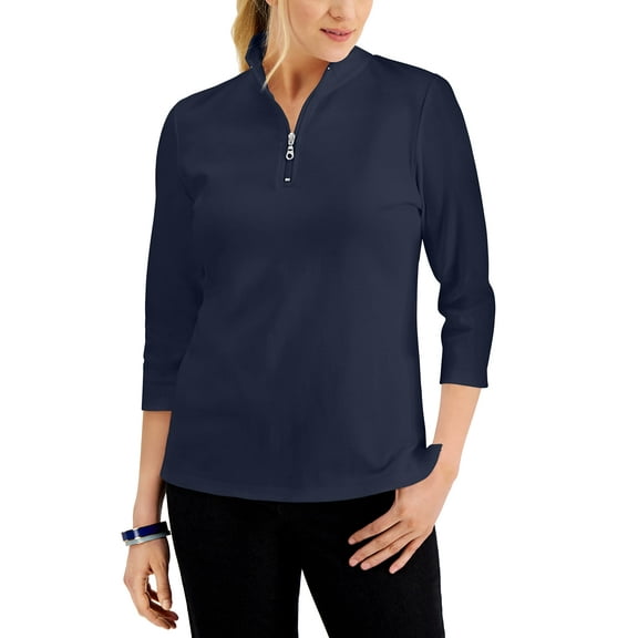 MSRP $37 Karen Scott Womens Cotton Zip-Neck Top Navy Size Small