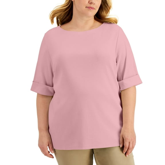 Karen Scott Plus Size Cotton Elbow Sleeve Top Blush 1X