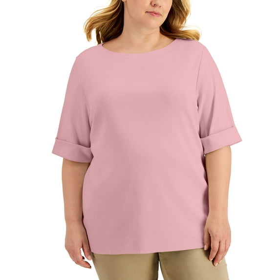 Karen Scott Plus Size Cotton Elbow Sleeve Top Blush 1X