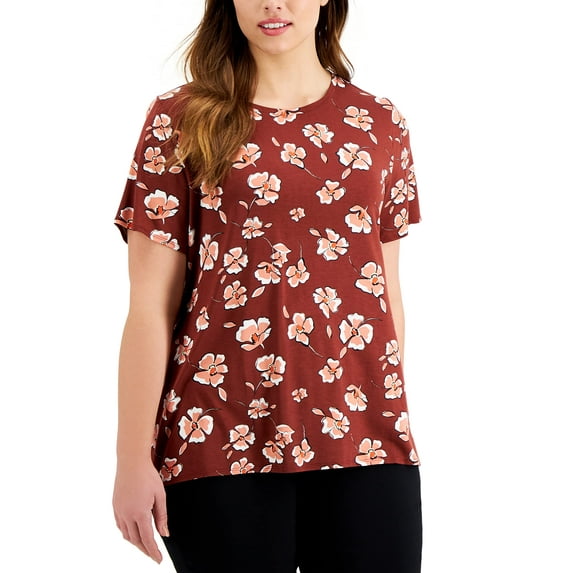MSRP $40 Alfani Womens Plus Size Floral-Printed T-Shirt Red Size 1X