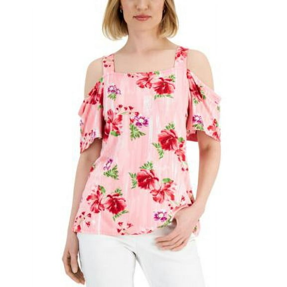 JM Collection Womens Printed Cold-Shoulder Top Cherry Flame Combo M