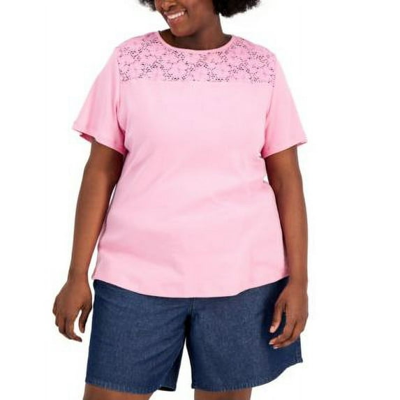 MSRP $40 Karen Scott Plus Size Cotton Crochet-Yoke Top Pink Size 1X