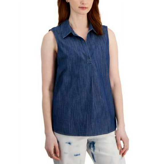 MSRP $40 Style & Co Women Cotton Sleeveless Popover Blouse Blue Size Medium
