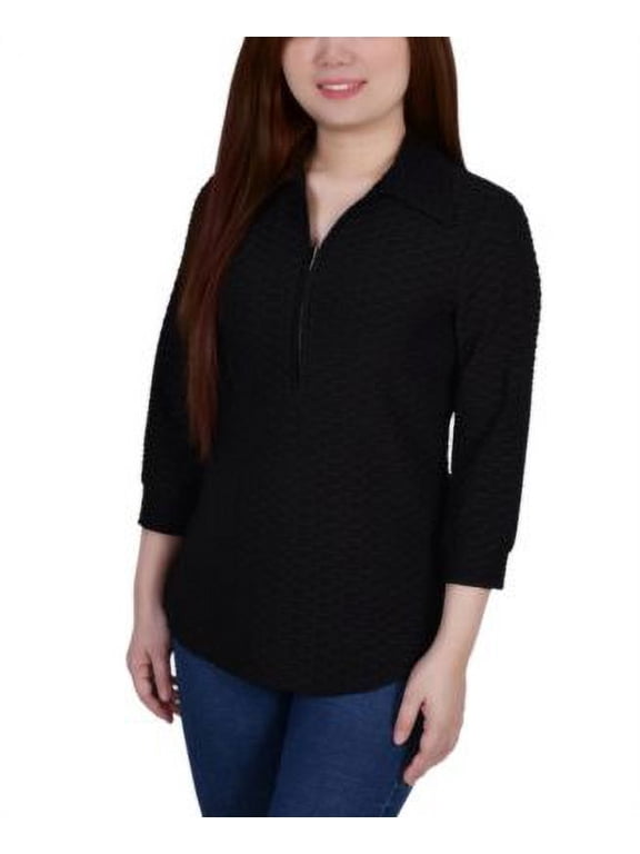 MSRP $42 Notations Women Petite Honeycomb Half-Zip Top Black Size PSmall