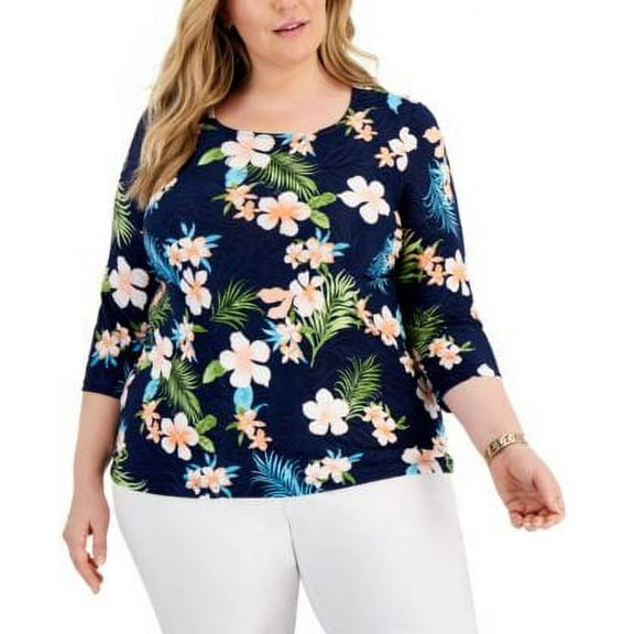 MSRP $43 Jm Collection Women Plus Size Floral Jacquard Top Blue Size 0X