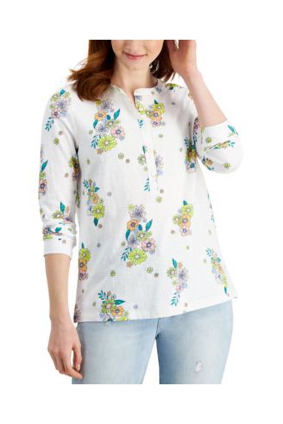 Style & Co Cotton Printed Henley Top Retro White M