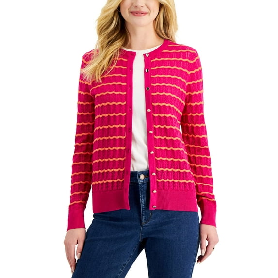 Charter Club Womens Wavy Stripe Button Cardigan Pink Tutu S
