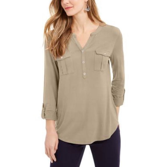 MSRP $49 Style & Co Womens Plus Roll-Tab Buttoned-Neck Top Beige Size 1X