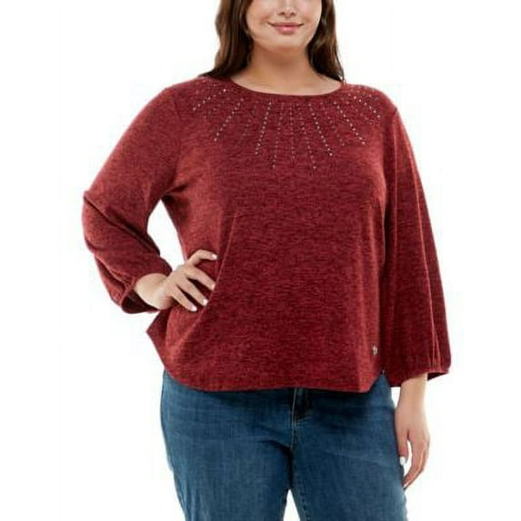 MSRP $50 Adrienne Vittadini Plus Size 3/4 Sleeve Hacci Top Red Size 1X