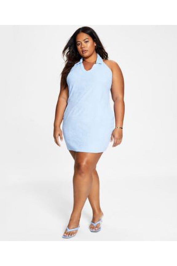 Trendy Plus Size Terry Halter Mini Dress Blue Whisper 1X