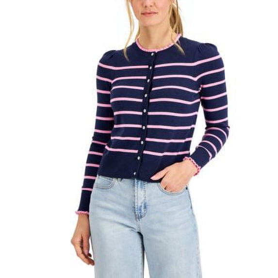 Charter Club Womens Striped Button Cardigan Intrepid Blue Combo S