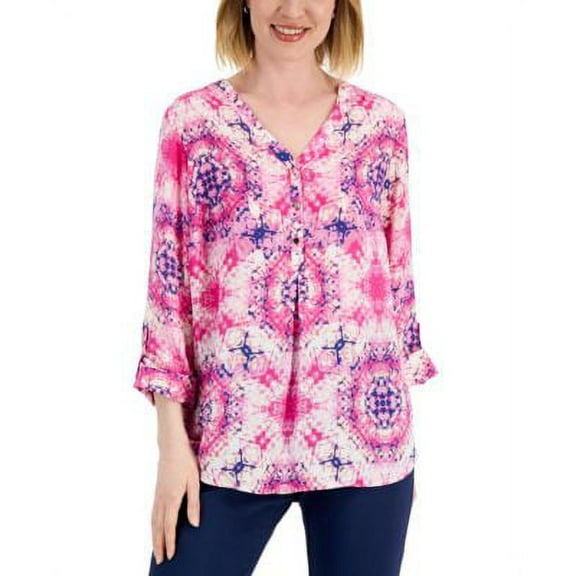 JM Collection Womens Printed Y-Neck Top Fuchsia Tulip Combo 2XL