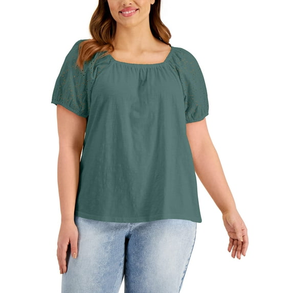 MSRP $50 Style & Co Cotton On Off Shoulder Eyelet Sleeve Top Green Size 3X