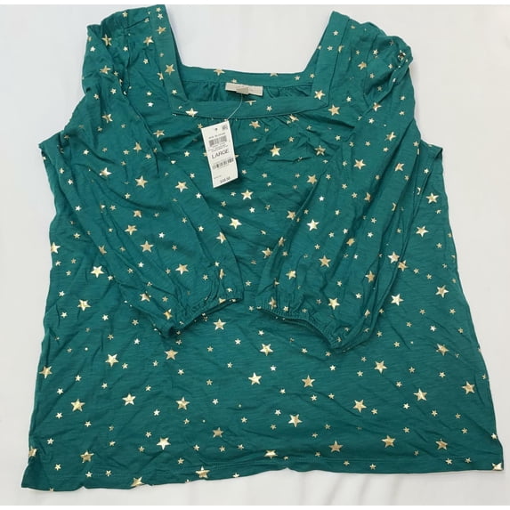 MSRP $50 Style & Co Metallic-Print Peasant Blouse Green Size Large