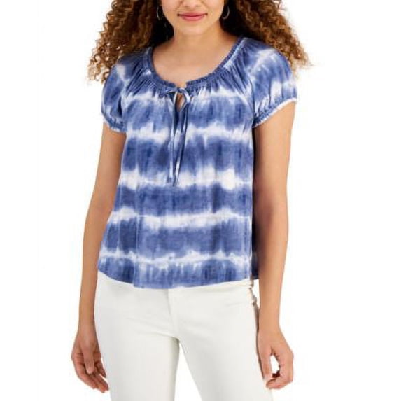 MSRP $50 Style & Co Petite Tie-Dye Puff-Sleeve Top Blue Size XL P