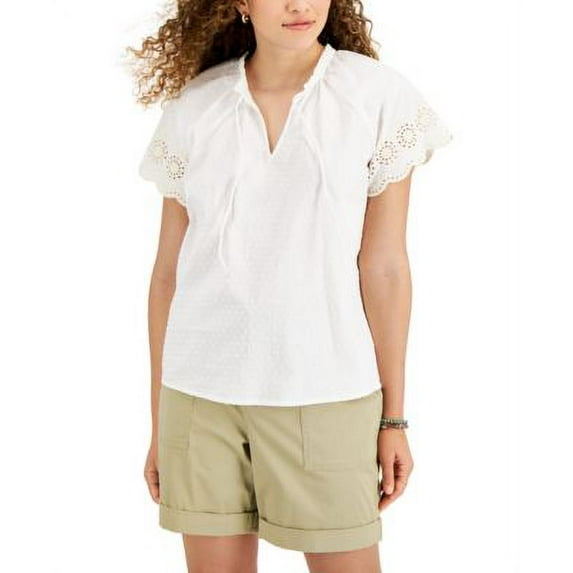 MSRP $50 Style & Co Women Cotton Flutter-Sleeve Peasant Blouse Size Small