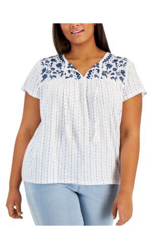 MSRP $50 Style & Co Women Plus Size Split-Neck Embroidered Blouse White Size 1X