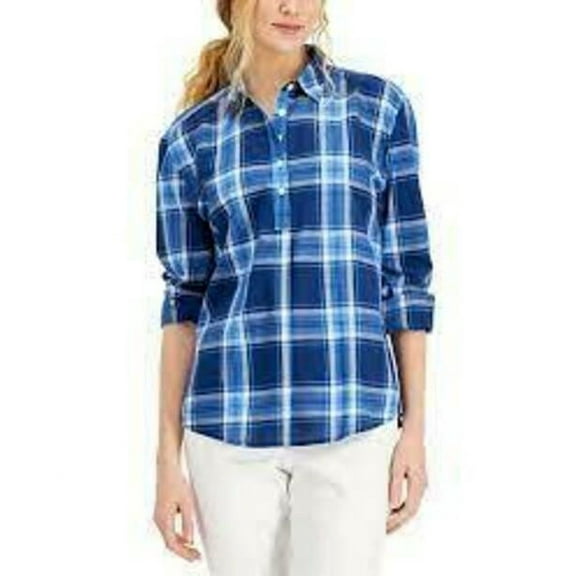 MSRP $50 Style & Co Womens Cotton Plaid-Print Popover 1/4-Button Top Size Large