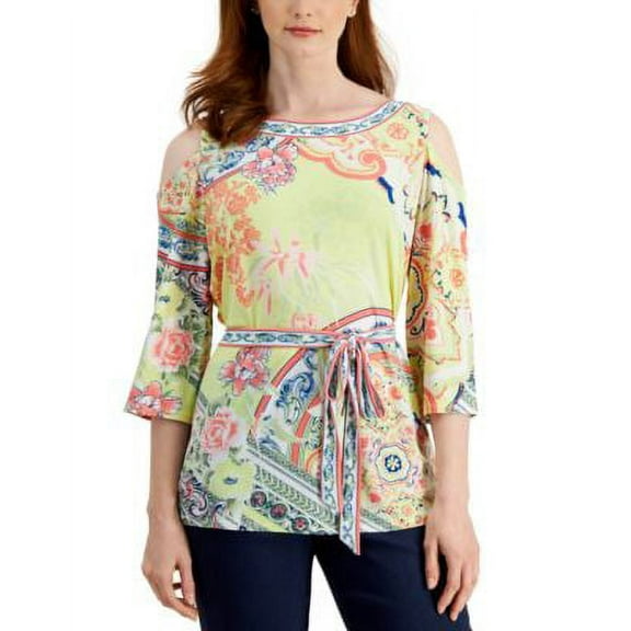 JM Collection Womens Belted Cold-Shoulder Top Noueva Combo L