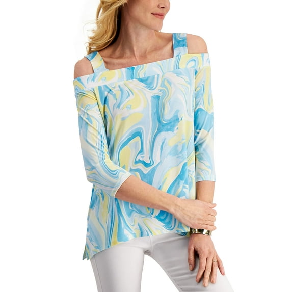 MSRP $55 Jm Collection Womens Cold-Shoulder Printed Blouse Aqua Size Large