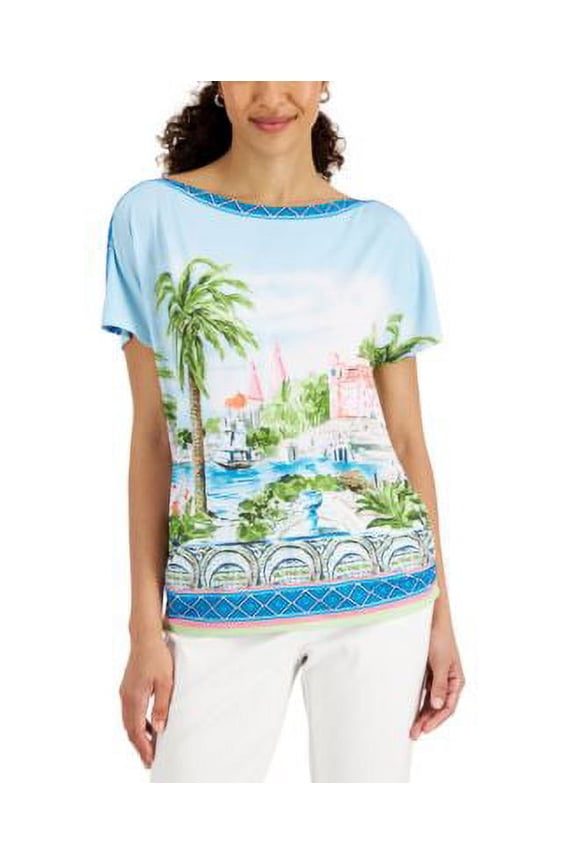 MSRP $55 Jm Collection Womens Exotic Voyage Graphic-Print Top Blue Size Large