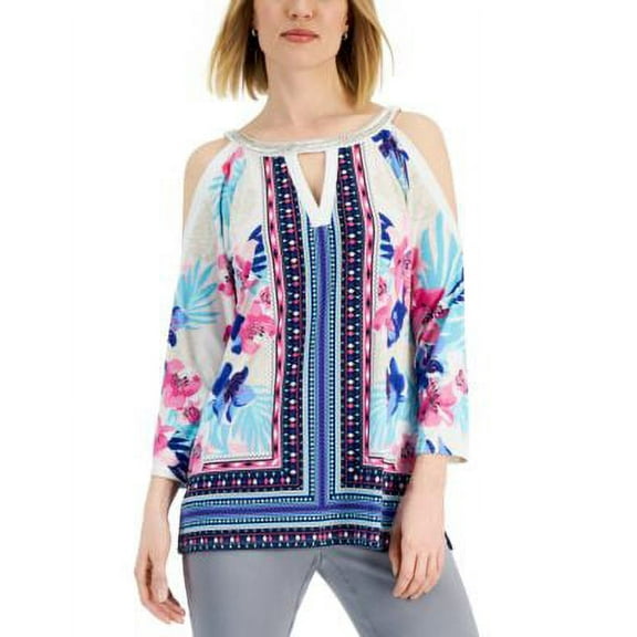 JM Collection Womens Mixed Print Cold Shoulder Top Warm Ivory Combo XL
