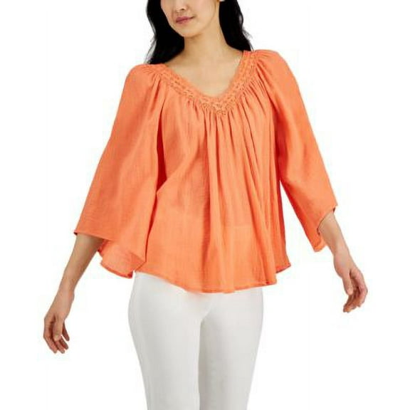 MSRP $59 Jpr Studio Women Dolman-Sleeve Lace-Border Blouse Orange Size XL