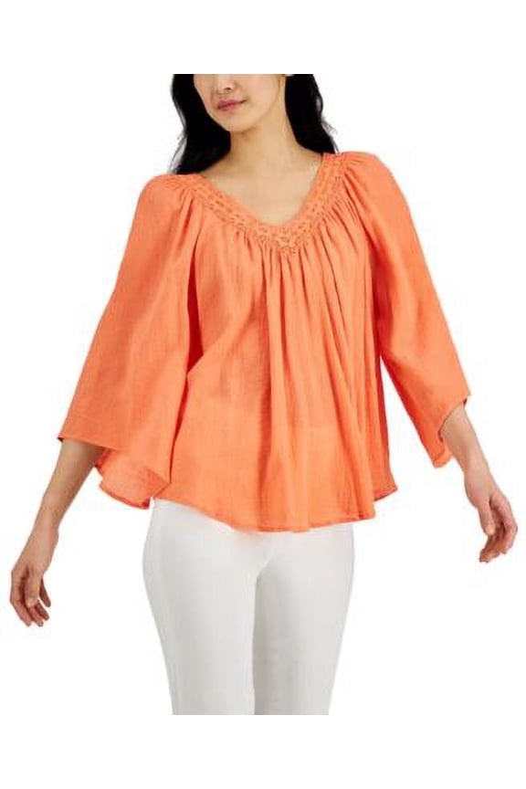 MSRP $59 Jpr Studio Women Dolman-Sleeve Lace-Border Blouse Orange Size XL