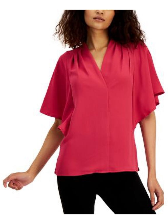 Womens Mixed Media Flutter Sleeve Top Berry Haze S
