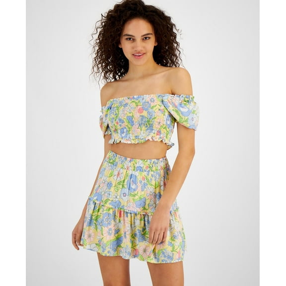 MSRP $60 Bar III Womens Printed Off-Shoulder Smocked Crop Top Yellow Size 2XL