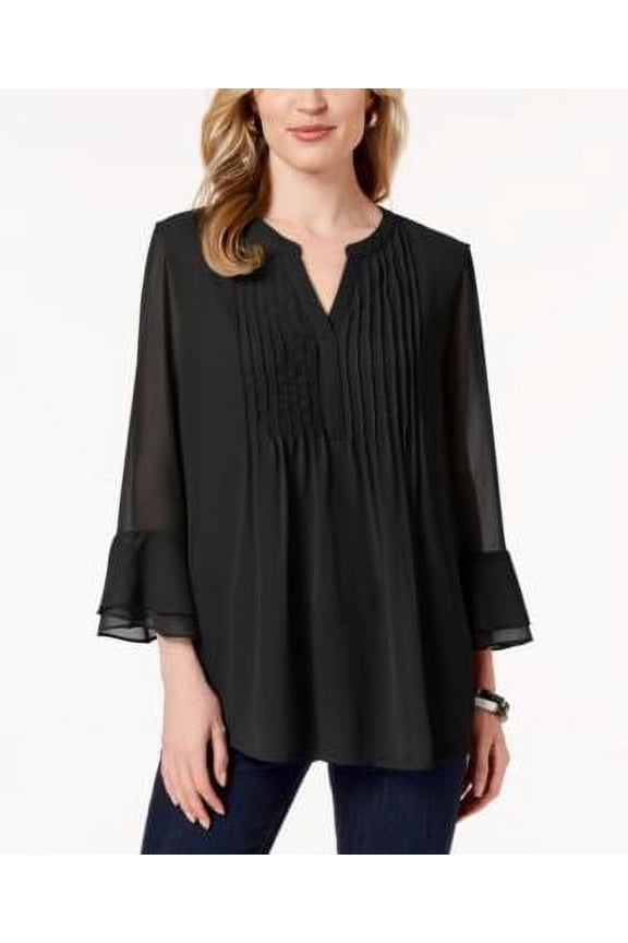 MSRP $60 Charter Club Double Ruffle Solid Pintuck Top Black Size XS