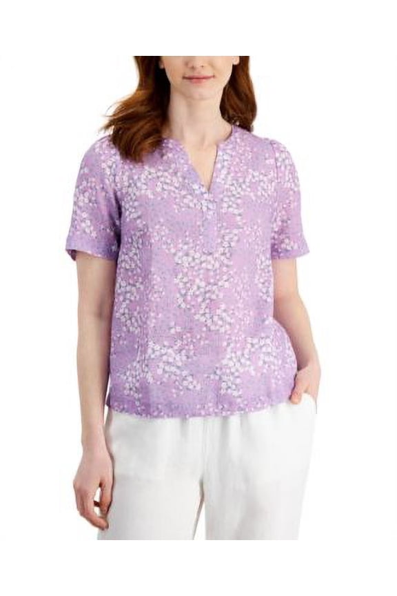 MSRP $60 Charter Club Women Linen Floral-Print Split-Neck Blouse Size XL