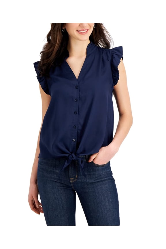 Womens Tie Hem Button Up Blouse Intrepid Blue M